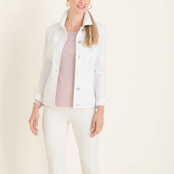 Chicos Platinum Basic Denim White Jean Jacket Sz 12 Stretch Lagenlook - Picture 10 of 10